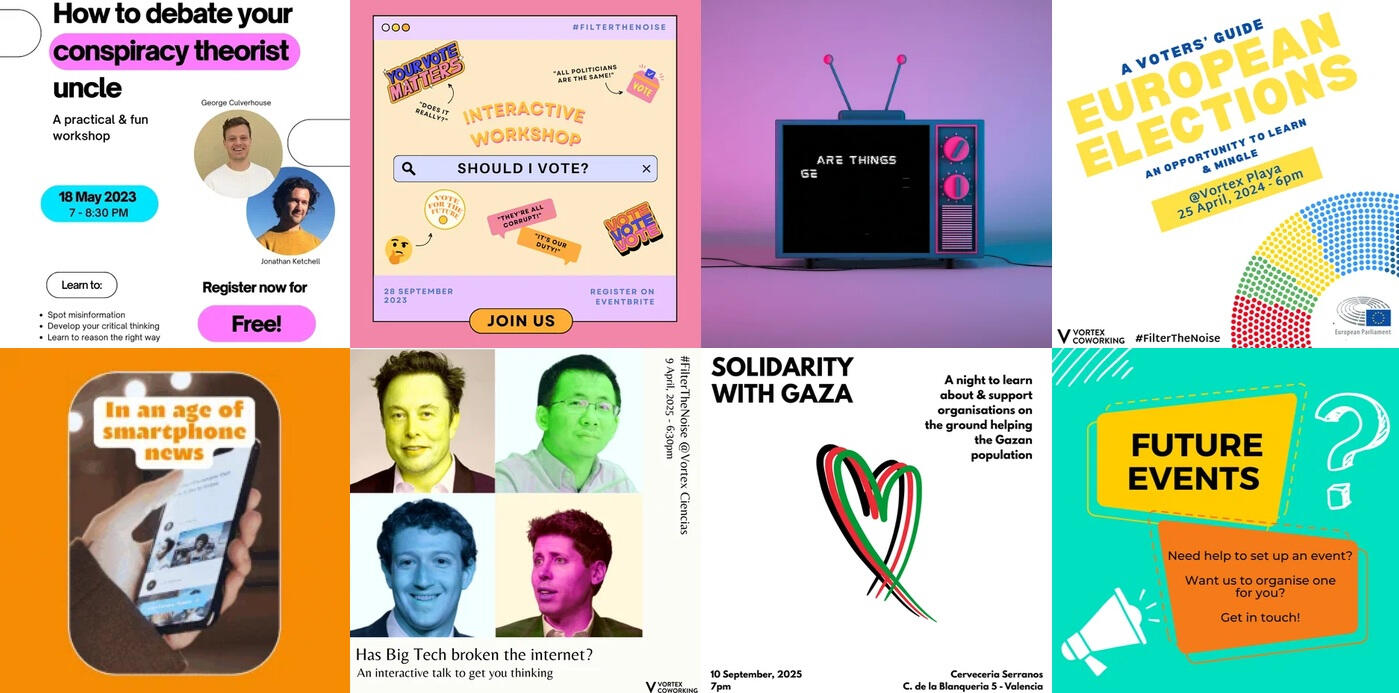Collage of digital posters of #FilterTheNoise events